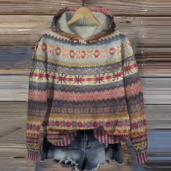 Bohemian Aztec Print Women's Hoodie in Braun, size 6XL, featuring a cozy tribal pattern with shades of purple and grey, full-length sleeves, a woolen texture, and a comfortable collar.