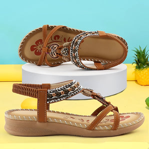 Bohemian Beaded Flat Summer Sandals in Mahogany Brown, size 43, featuring a strappy design with intricate bead detailing, offering stylish comfort for casual summer wear.