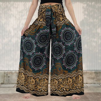 Bohemian Black & White Tribal Palazzo Pants featuring a yellow color variant in size 2XL, showcasing a bold tribal motif, perfect for beach and festival wear.