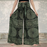 Bohemian Black & White Tribal Palazzo Pants in Green, 2XL, featuring a wide-leg design with intricate tribal patterns, suitable for beach and festival wear.
