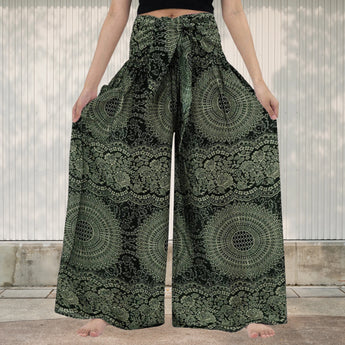 Bohemian Black & White Tribal Palazzo Pants in Green, 2XL, featuring a wide-leg design with intricate tribal patterns, suitable for beach and festival wear.