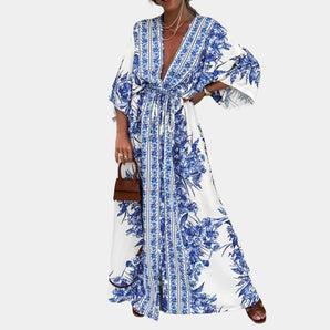 Bohemian blue floral maxi dress with kimono sleeves and a V-neck design, in a size 2XL, displayed in a vibrant electric blue color.
