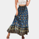 Bohemian blue floral maxi skirt in marine blue color, lightweight and perfect for summer beachwear, shown in size XL.