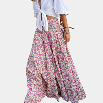 Bohemian blue floral maxi skirt in a rose pattern, lightweight and ideal for summer beachwear, displayed in size XL.
