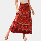 Bohemian blue floral maxi skirt designed for lightweight summer beachwear.