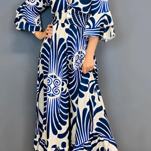 Bohemian blue and white ruffle sleeve jumpsuit for women, featuring a summer V-neck design, shown in a size 4XL.