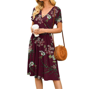 Bohemian Burgundy V-Neck Floral Midi Dress in 3XL with long sleeves and a fitted waist, showcasing a casual yet elegant style perfect for spring fashion.