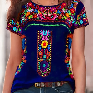 Bohemian Embroidered Velvet Top in a blue color, featuring a floral pattern with red and white detailing, shown on a 6XL size. The top includes a defined collar, shoulder, neck, sleeve, and waist design, embodying a summer style.