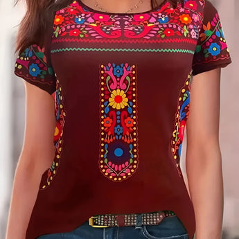 Bohemian embroidered velvet top in red with a floral pattern, featuring a summer style design. The top displays intricate embroidery on the sleeves and neckline, and is available in size 6XL.