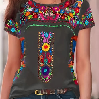 Bohemian embroidered velvet top in gray, featuring a floral pattern with intricate details on the shoulder and sleeve, designed in a summer style with a comfortable fit in size 6XL.