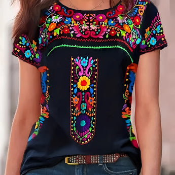 Bohemian embroidered velvet top in Nero color, featuring a floral pattern. The top has short sleeves, a round neckline, and a flattering design suitable for summer style. The fabric has black, white, and green tones. Size 6XL.