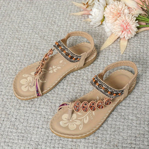 Bohemian Ethnic Floral Beaded Women's Sandals in shades of brown and beige, showcasing a stylish design with intricate beadwork and natural materials, ideal for fashion-forward occasions.