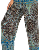 Bohemian Ethnic Print High-Waisted Women's Festival Pants in blue, featuring a vibrant, intricate pattern and designed to fit various body shapes.