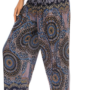 Bohemian Ethnic Print High-Waisted Women's Festival Pants in dark blue shown on a model, highlighting the intricate patterns and comfortable high-waist fit.