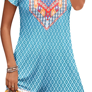 Bohemian Ethnic Print Tunic Dress in blue, featuring a keyhole neck and short sleeves, lightweight fabric, size 2XL.