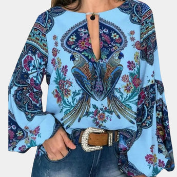 Bohemian Floral Paisley Women's Ethnic Blouse in blue, featuring a flowing design with a collared neck, long sleeves, and intricate floral paisley patterns.