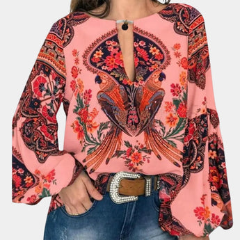 Bohemian Floral Paisley women's ethnic blouse in rose color, size 2XL, featuring a white and orange paisley pattern with a flowing design. The blouse showcases long sleeves, a round neckline, and a loose fit ideal for festival wear.