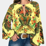 Bohemian Floral Paisley Women's Ethnic Blouse in yellow, featuring a loose fit with a 2XL size, displaying intricate paisley and floral patterns, long sleeves, and a V-neckline. Ideal for festivals and casual wear, the blouse combines ethnic style with modern fashion design.