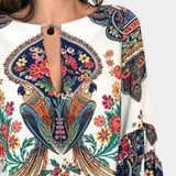 Bohemian Floral Paisley Women's Ethnic Blouse in a vibrant pink color featuring long sleeves and intricate floral paisley patterns, perfect for festival wear.