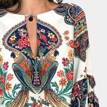 Bohemian Floral Paisley Women's Ethnic Blouse in a vibrant pink color featuring long sleeves and intricate floral paisley patterns, perfect for festival wear.