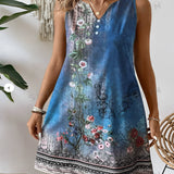 Bohemian Floral Sleeveless V-Neck Blue Summer Dress with a fitted waist and vibrant floral pattern.