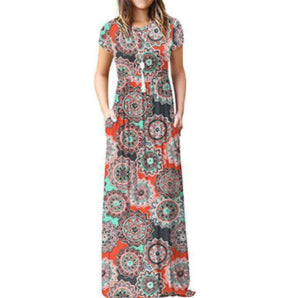 Bohemian floral V-neck maxi dress in multicolor, featuring a casual beach style with short sleeves and a flowing silhouette, suitable for a relaxed yet stylish look.