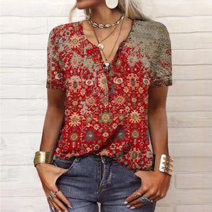 Bohemian Floral V-Neck Red Blouse in 3XL for women, featuring a vintage design with vibrant floral patterns, long sleeves, and a relaxed fit.
