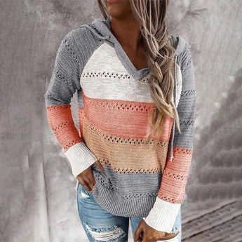 Handmade crochet sweater with bohemian style featuring a hood, displayed in a gray color and size 2XL, showcases intricate knit patterns that cover the torso and arms with long sleeves.