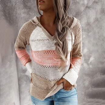 Bohemian handmade hooded crochet sweater in beige pink, featuring long sleeves and a cozy knit design with a hood, displayed in a khaki color and size 2XL.
