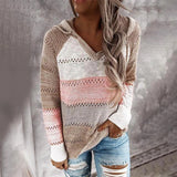 Bohemian handmade hooded crochet sweater in beige and pink knit, featuring a cozy hood, long sleeves, and a relaxed fit.