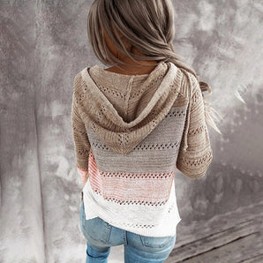 Bohemian handmade hooded crochet sweater in beige and pink with a knit texture and patterned woolen design.