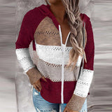 Bohemian Handmade Hooded Crochet Sweater in red wine color, featuring a knit design with a hood and long sleeves, suitable for creative arts enthusiasts. The sweater has a unique beige pink color pattern with detailed crochet work, a comfortable fit around the shoulders and waist, and a stylish collar.