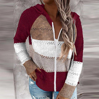 Bohemian Handmade Hooded Crochet Sweater in red wine color, featuring a knit design with a hood and long sleeves, suitable for creative arts enthusiasts. The sweater has a unique beige pink color pattern with detailed crochet work, a comfortable fit around the shoulders and waist, and a stylish collar.