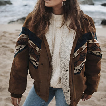 Women's Bohemian Leather Jacket in Brown Suede with Ethnic Print, featuring a 3XL fit, displayed against a neutral backdrop.
