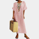 Bohemian Light Blue Maxi Dress with Ethnic Embroidery in Rose color, featuring intricate embroidery, fitted waist, and long sleeves; available in 3XL size.