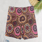 Bohemian Mandala High Waist Festival Beach Shorts in vibrant purple and pink hues, featuring intricate mandala patterns and creative arts motifs.