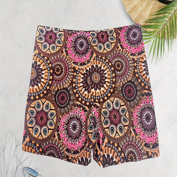 Bohemian Mandala High Waist Festival Beach Shorts in vibrant purple and pink hues, featuring intricate mandala patterns and creative arts motifs.