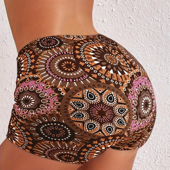Woman wearing Bohemian Mandala high waist festival beach shorts with vibrant summer design, showcasing the shorts' intricate pattern and comfortable fit.