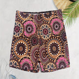 Bohemian Mandala High Waist Festival Beach Shorts in vibrant purple with intricate mandala patterns and artistic motifs.