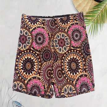 Bohemian Mandala High Waist Festival Beach Shorts in vibrant purple with intricate mandala patterns and artistic motifs.