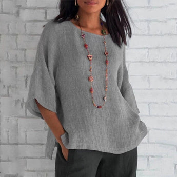 Bohemian oversized linen tunic in gray, designed for women in a 4XL size, featuring a casual summer style with a round neck, short sleeves, and a loose fit.