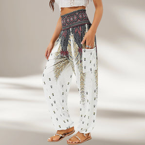 Bohemian Palazzo Pants featuring an ethnic print design in white, size 3XL, with a wide-leg style ideal for summer wear.