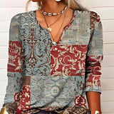 A red Bohemian patchwork V-neck blouse for women in 3XL, featuring long sleeves and a casual chic design.