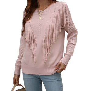 Bohemian pink fringe sweater with long sleeves, featuring a stylish knit design ideal for women's fall fashion.