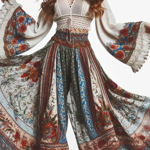 Bohemian Print Palazzo Pants in a multicolor floral design, featuring wide-leg style and vintage appeal, available in size 3XL.