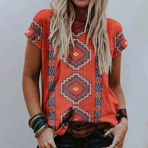 Bohemian Red Tribal Pattern Women's Summer T-Shirt in red orange, featuring short sleeves, a round neckline, and a comfortable fit in size 3XL.