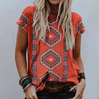 Bohemian Red Tribal Pattern Women's Summer T-Shirt in red orange, featuring short sleeves, a round neckline, and a comfortable fit in size 3XL.