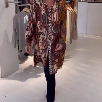 Bohemian Silk Blouse in Brown with Designer Printed Bell Sleeves in size 3XL, featuring a relaxed fit and elegant silhouette.