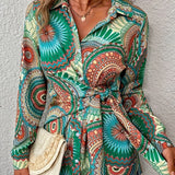 Bohemian Tie-Waist Blouse in Green with Colorful Geometric Mandala Print, V-Neck, Long Sleeves, and Waist Tie, Size XXL