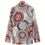 Colorful geometric mandala print V-neck bohemian tie-waist blouse with long sleeves.